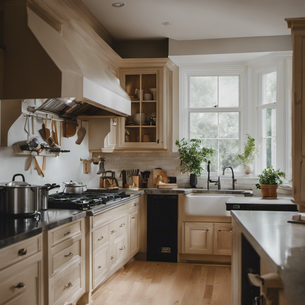 An image showcasing a well-lit kitchen with a painter meticulously sanding cabinets, wearing protective gear