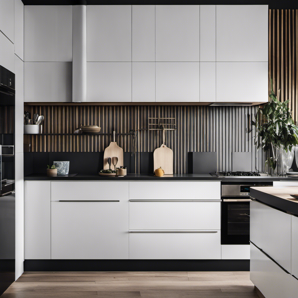 An image showcasing a chic, minimalist kitchen with sleek white cabinets, adorned with geometric patterns in bold, contrasting colors