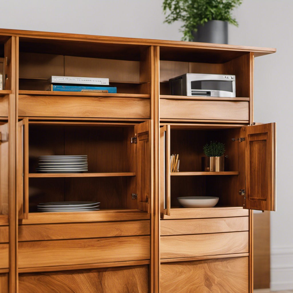 An image showcasing two side-by-side cabinets - one freshly painted in a vibrant, glossy finish, and the other beautifully refinished, revealing the natural wood grain