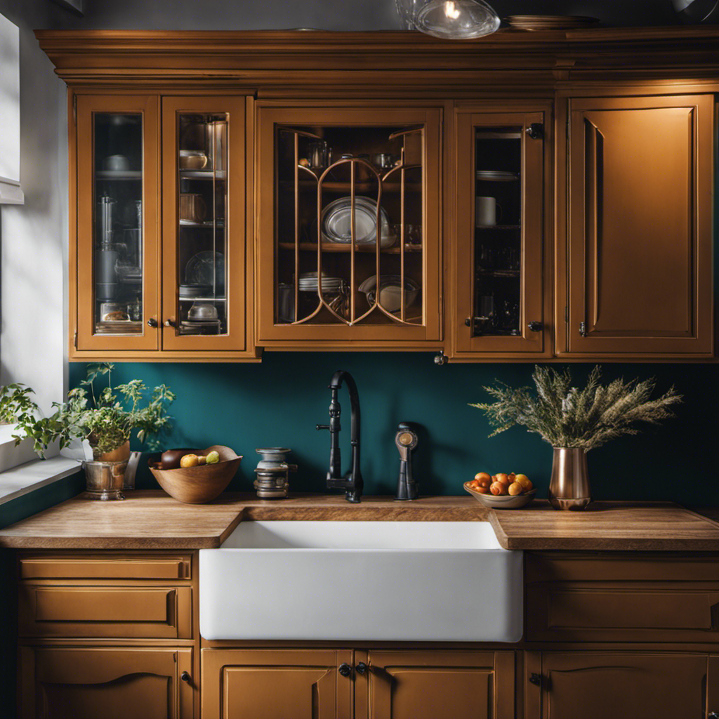 An image showcasing a kitchen with outdated, worn-out cabinets transformed into stunning works of art