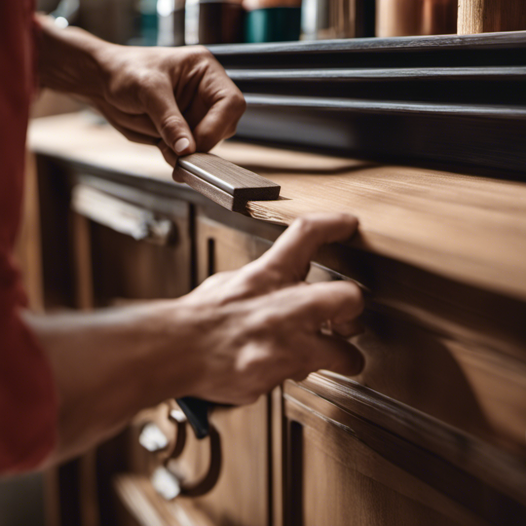 An image showcasing a pair of hands delicately sanding a cabinet, revealing the smooth surface beneath