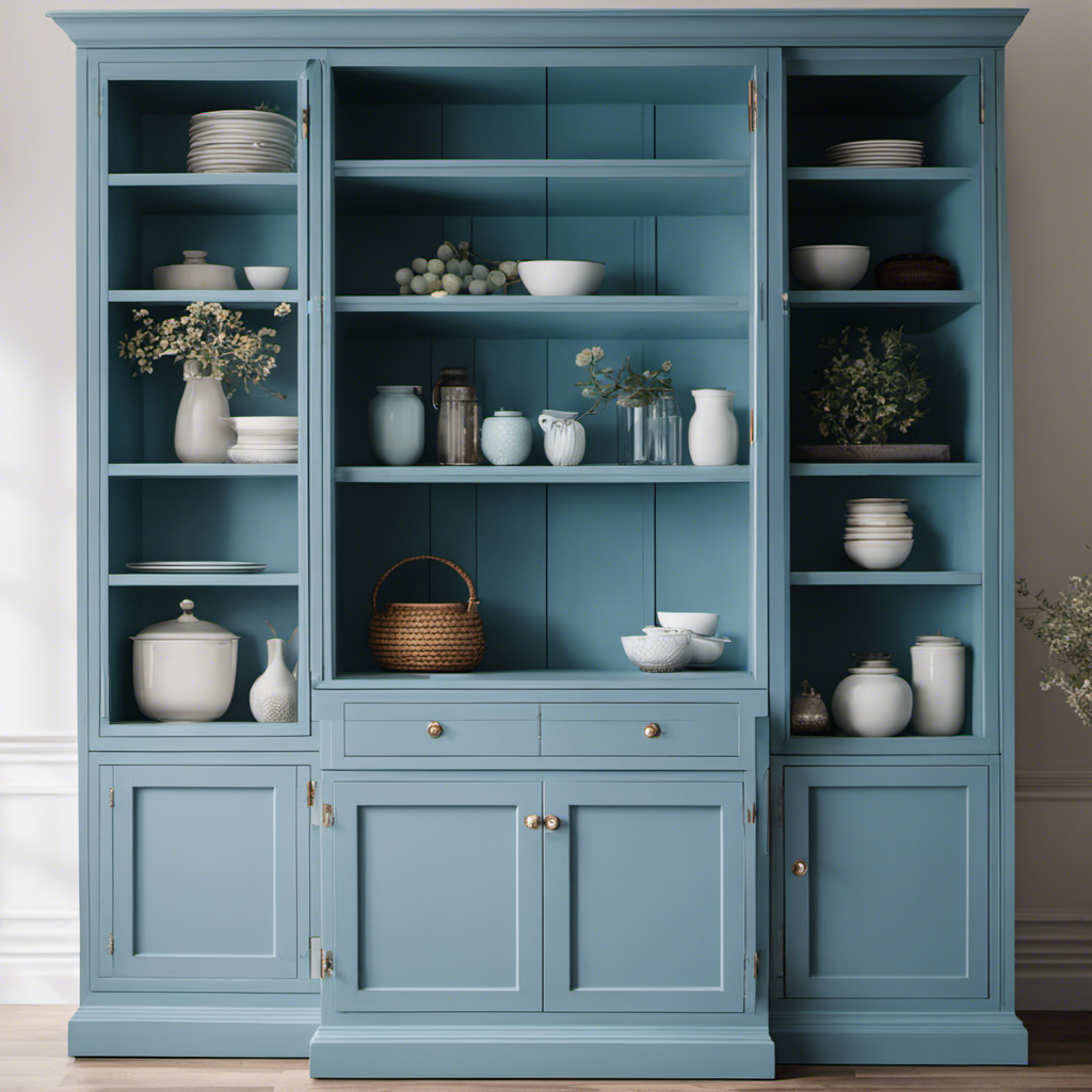 An image showcasing a beautifully painted cabinet in a serene coastal blue hue, perfectly complemented by a crisp white countertop, to inspire readers in their quest for the perfect cabinet color