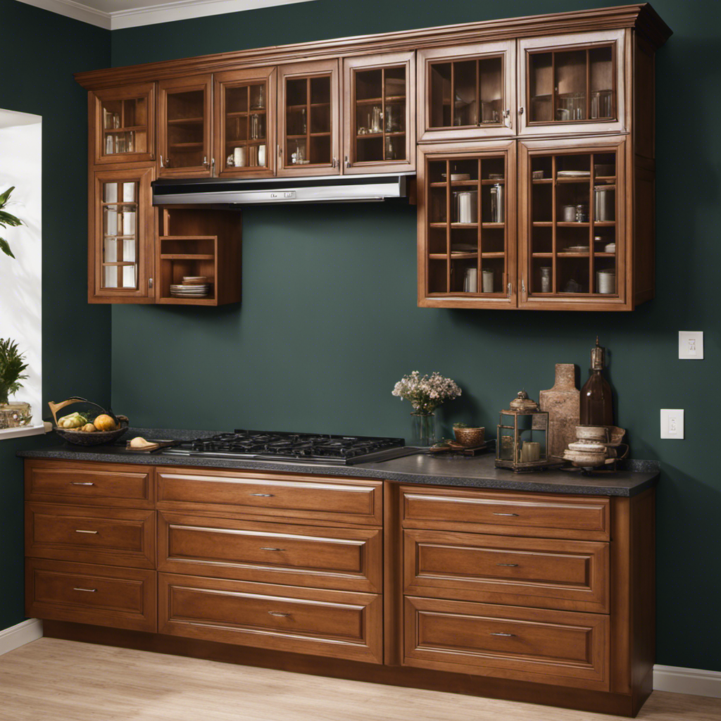 An image showcasing a before-and-after transformation of outdated, dull cabinets into stunning, revitalized ones