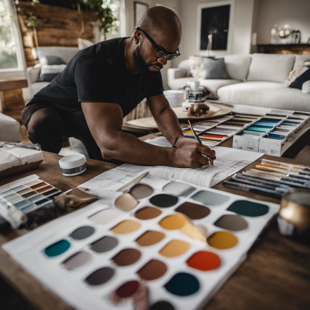 An image showcasing a homeowner measuring and sketching their living space, surrounded by swatches of paint, fabric samples, and design magazines, representing the meticulous planning process of preparing for a home renovation project