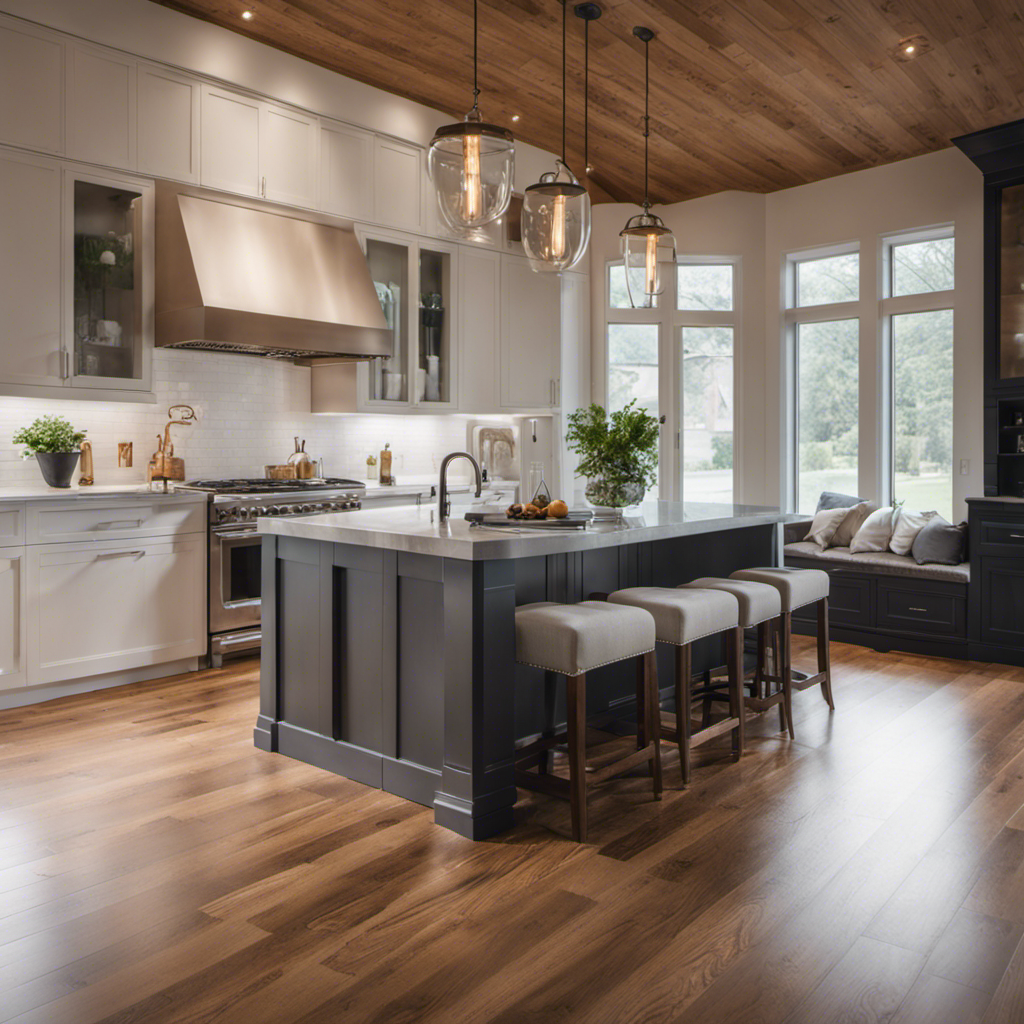 An image showcasing a beautifully transformed York home with a modern open-concept kitchen, elegant hardwood flooring, and large windows allowing natural light to flood in, capturing the essence of popular home renovation ideas