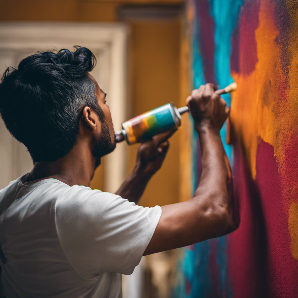 An image showcasing a skilled painter meticulously applying a fresh coat of vibrant paint to a dull wall, transforming it into a striking focal point, exuding a renewed sense of life and beauty to your home