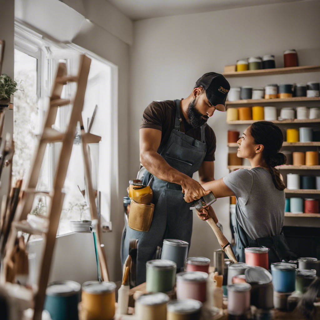 An image showcasing a meticulous painter decorating a wall in a cozy living room, expertly wielding a brush with precision