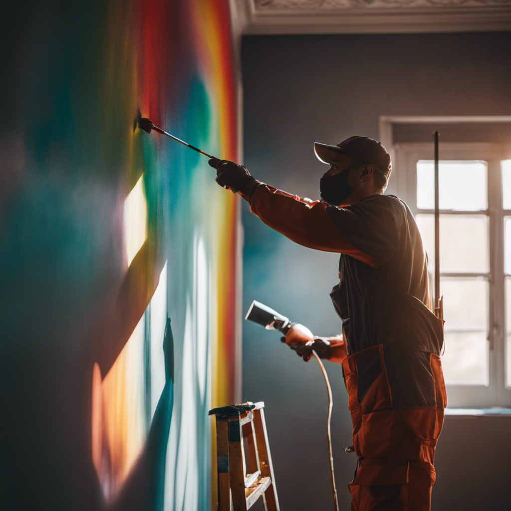 An image showcasing a skilled painter methodically applying a flawless coat of paint on a pristine wall, while sunlight streams through a nearby window, illuminating the vibrant colors and highlighting the smoothness and impeccable finish