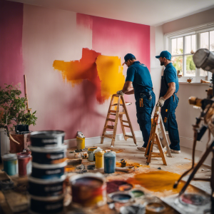 An image showcasing a team of skilled painters transforming a dull, outdated room into a vibrant and inviting space