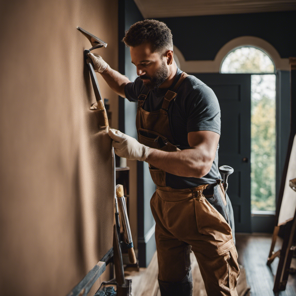 An image of a skilled painter meticulously sanding and smoothing walls, filling cracks and imperfections, while meticulously taping off trim and furniture, emphasizing the crucial role of prep work in achieving flawless and long-lasting paint finishes