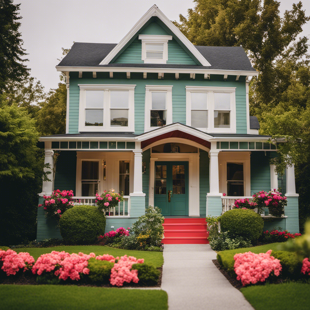 An image showcasing a charming two-story house with fresh exterior paint in a trendy color scheme