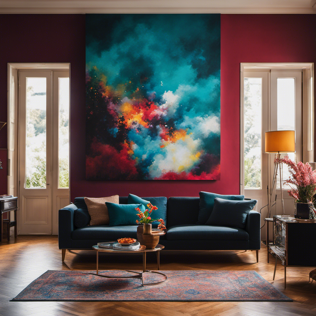 An image capturing a skilled painter meticulously applying vibrant, contrasting colors to a plain, lifeless living room wall, effortlessly transforming it into a mesmerizing artistic masterpiece, emanating warmth and sophistication