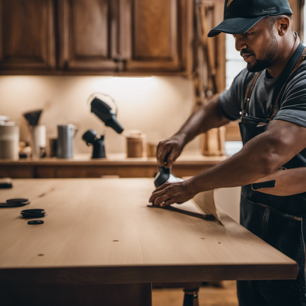 An image showcasing the step-by-step process of preparing York cabinets for painting: meticulous sanding, detailed cleaning, delicate removal of hardware, and precise taping