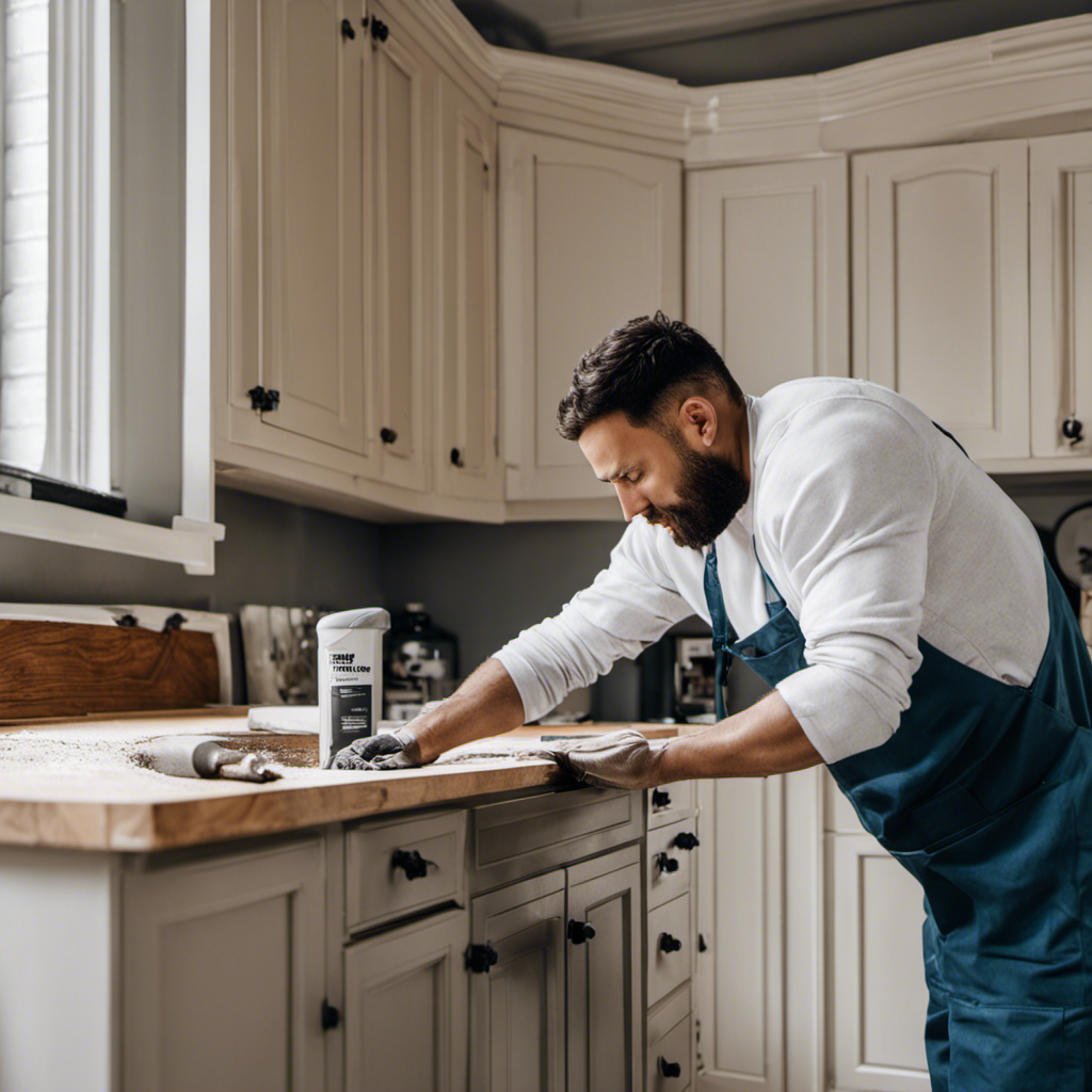 An image showcasing a team of professional painters meticulously sanding and priming York cabinets, ensuring a flawless canvas for the upcoming paint job