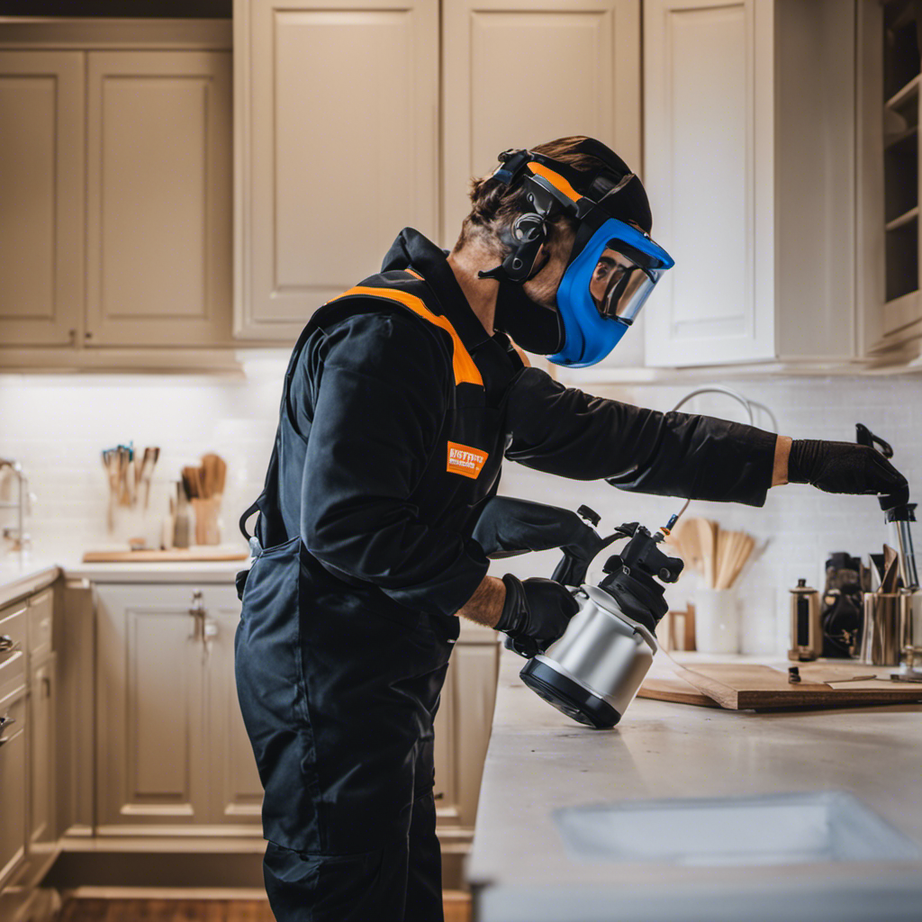 An image showcasing a skilled painter using a high-quality paint sprayer to achieve a flawless and smooth finish on York cabinets