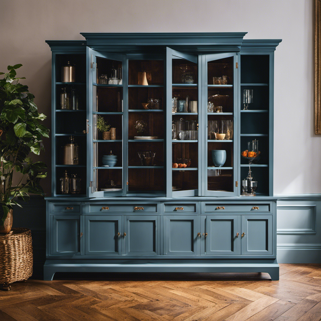 An image showcasing a York cabinet transformation: an expertly painted cabinet in a vibrant hue, with a glossy finish that reflects its surroundings, exuding elegance and breathing new life into the space