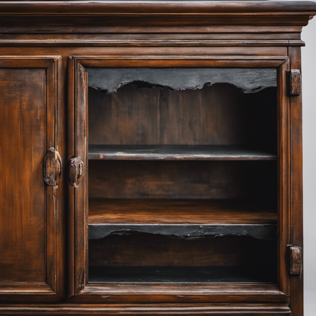 An image featuring a York cabinet with peeling paint, uneven brush strokes, and visible brush marks