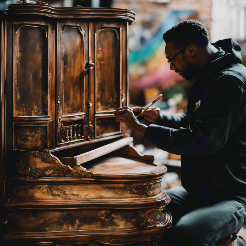 An image showcasing a skilled artist in York meticulously painting a cabinet, using an array of techniques like distressing, glazing, and stenciling