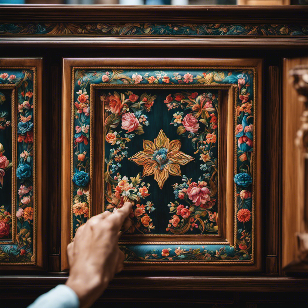 An image showcasing a skilled artist delicately applying intricate hand-painted designs to tired cabinets in York