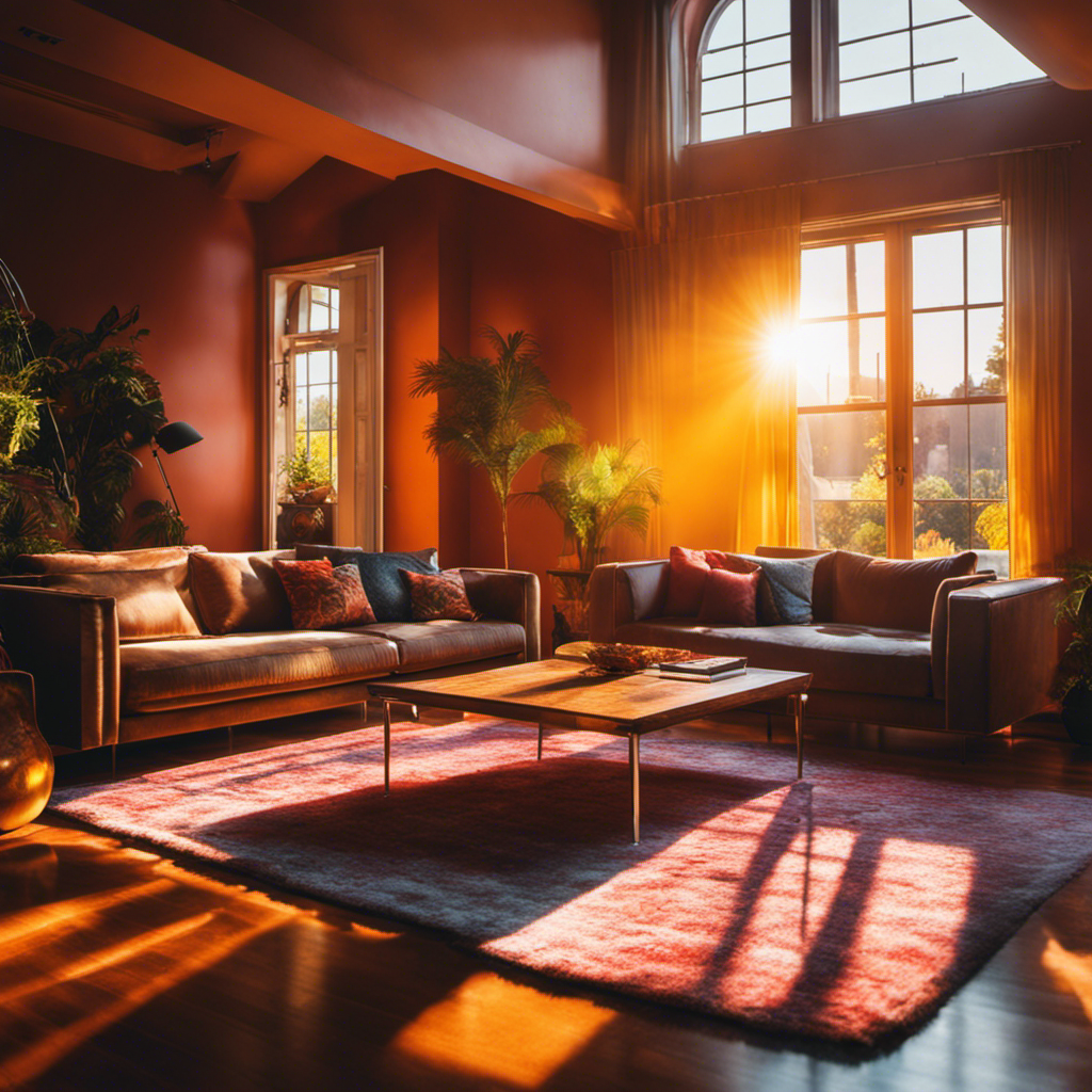 An image showcasing a sun-drenched living room transformed by light-reflective paints