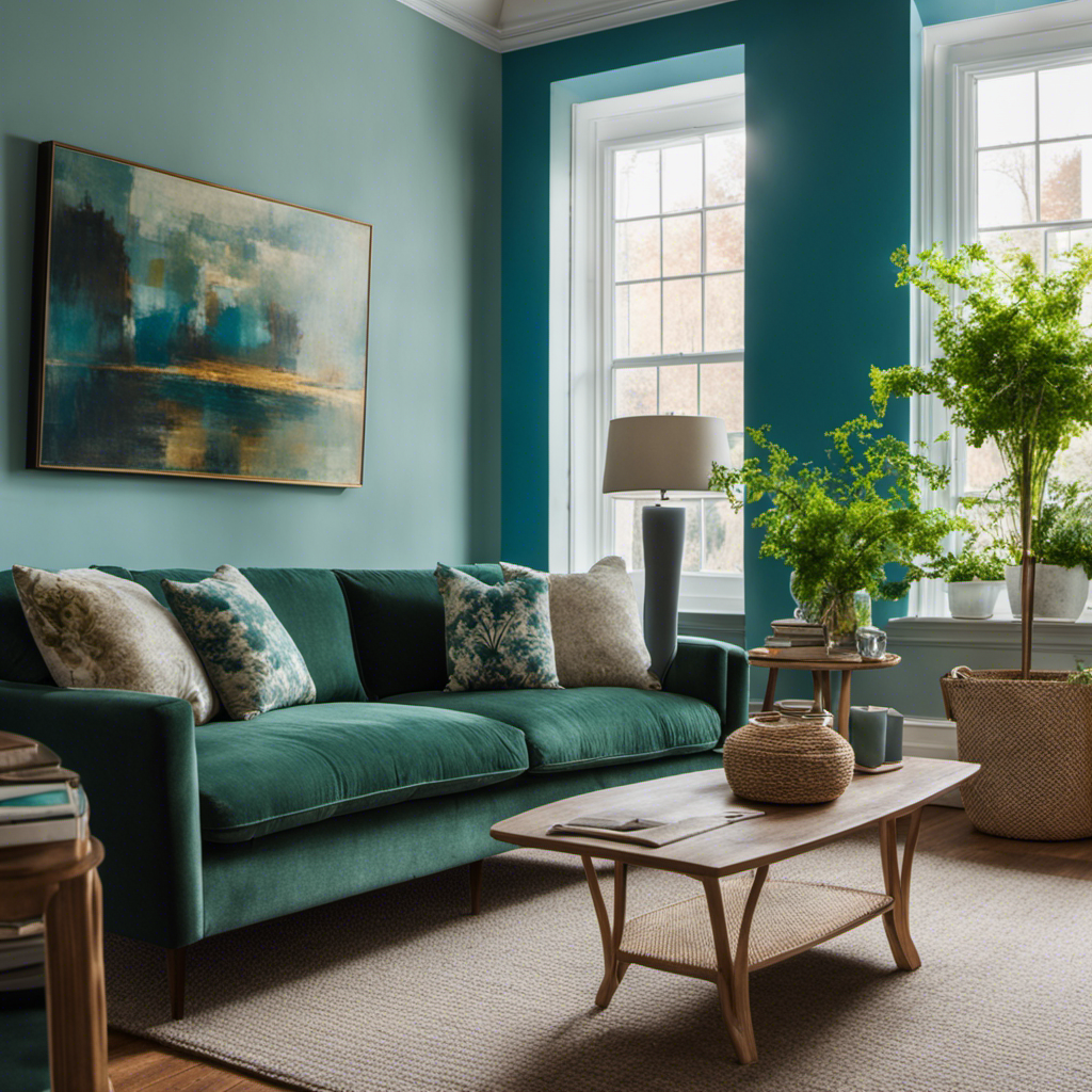 An image showcasing a beautifully transformed living room, bathed in warm natural light, with freshly painted walls in soothing hues of blue and green