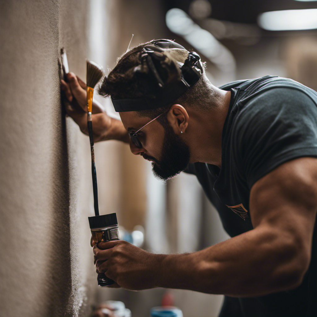 An image showcasing a highly-skilled painter meticulously applying a flawlessly smooth coat of paint to a wall, using advanced techniques like cutting-in, rolling, and feathering, to achieve an impeccable, professional finish