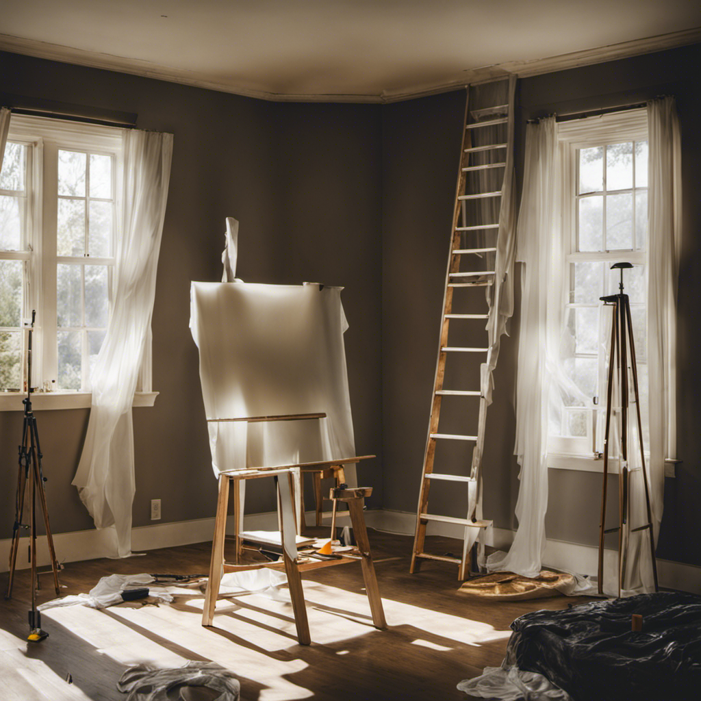 An image showcasing a well-lit room with furniture covered in plastic sheets, walls meticulously taped off, drop cloths meticulously spread, and a painter's ladder nearby, ready to revolutionize your space through affordable interior painting in York