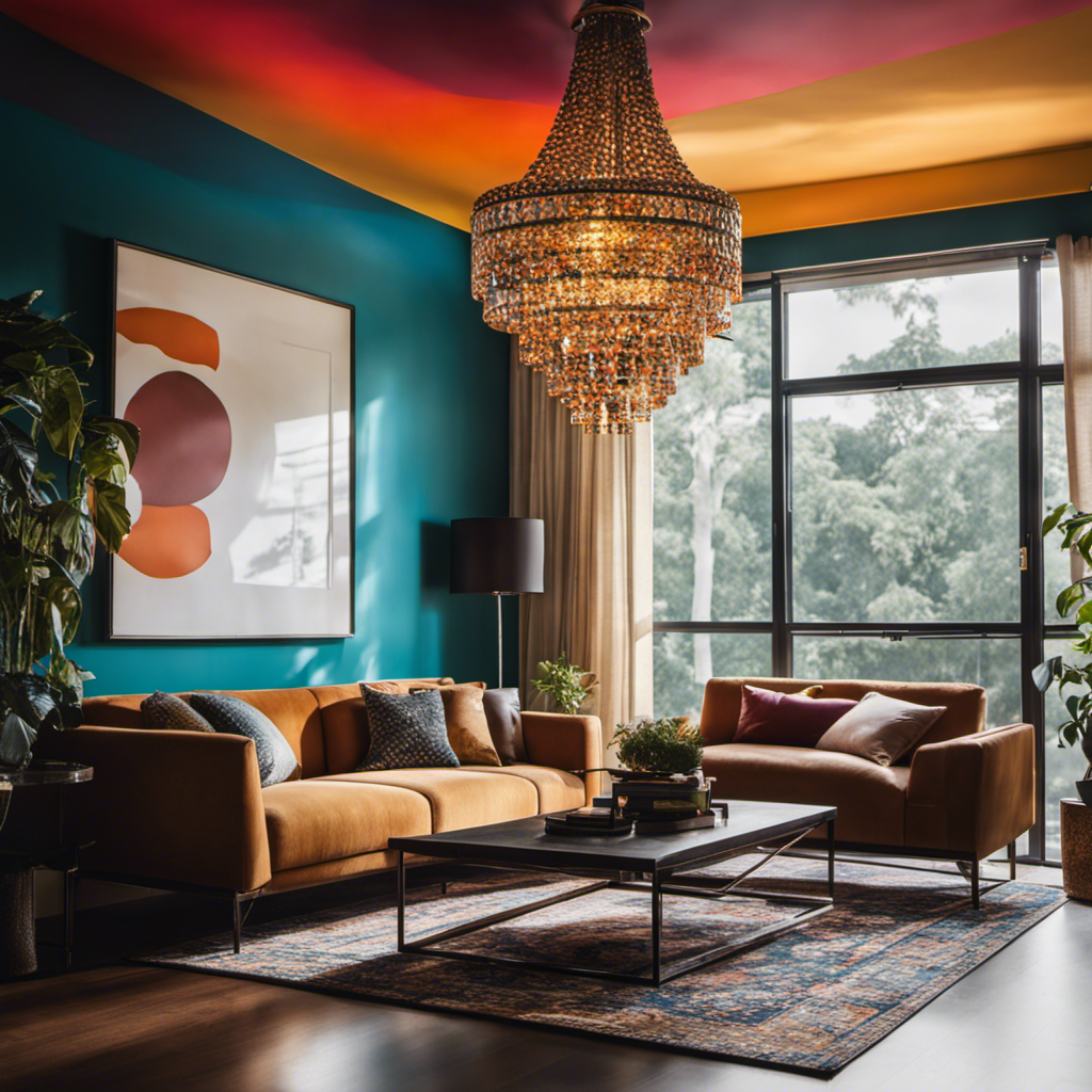 An image capturing a modern living room with a bold, geometric statement ceiling painted in vibrant colors, drawing the eye upward towards an eye-catching chandelier and accentuating the space's unique character