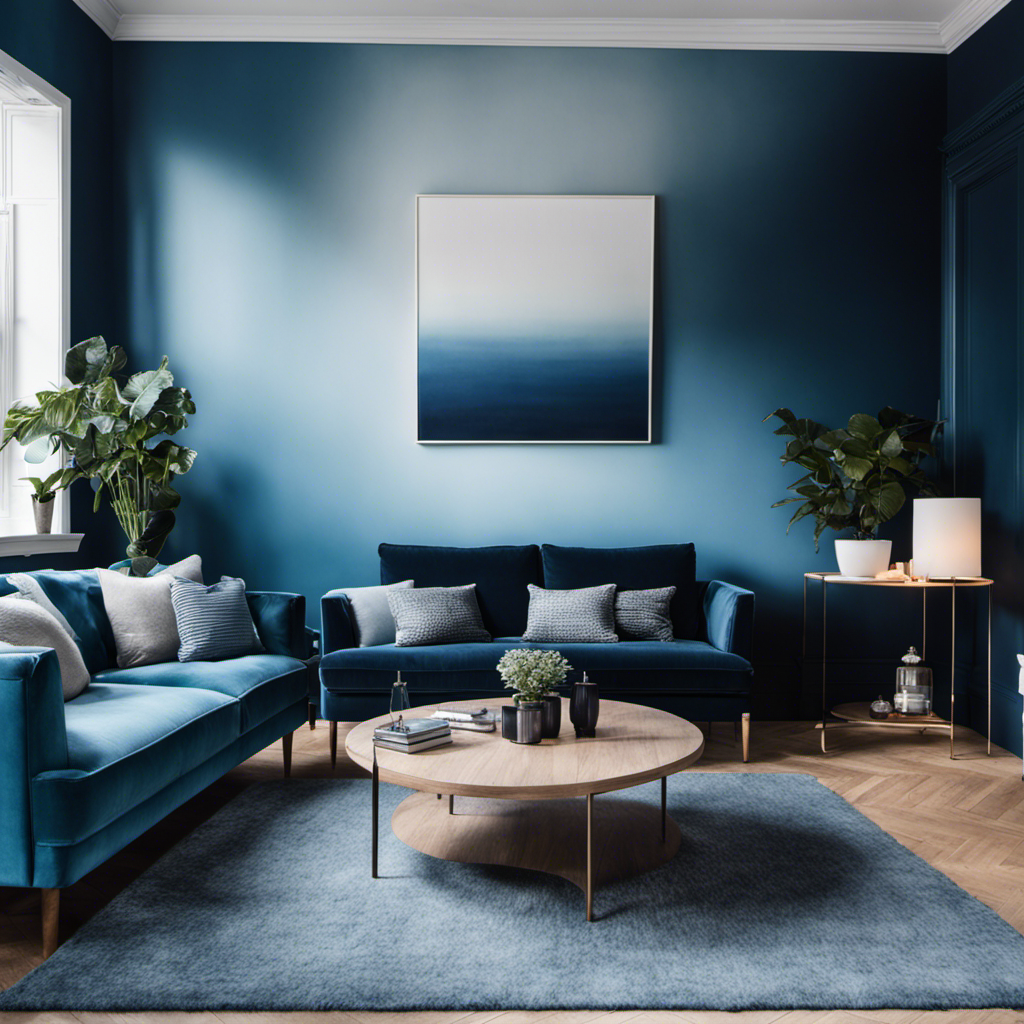 An image showcasing a chic living room with walls painted in a bold ombre effect, transitioning from deep navy to a soft sky blue, illustrating the transformative power of trendy interior painting techniques in York