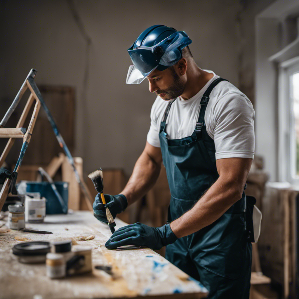 An image showcasing a well-equipped painter, wearing protective gear, meticulously preparing a room for painting in York