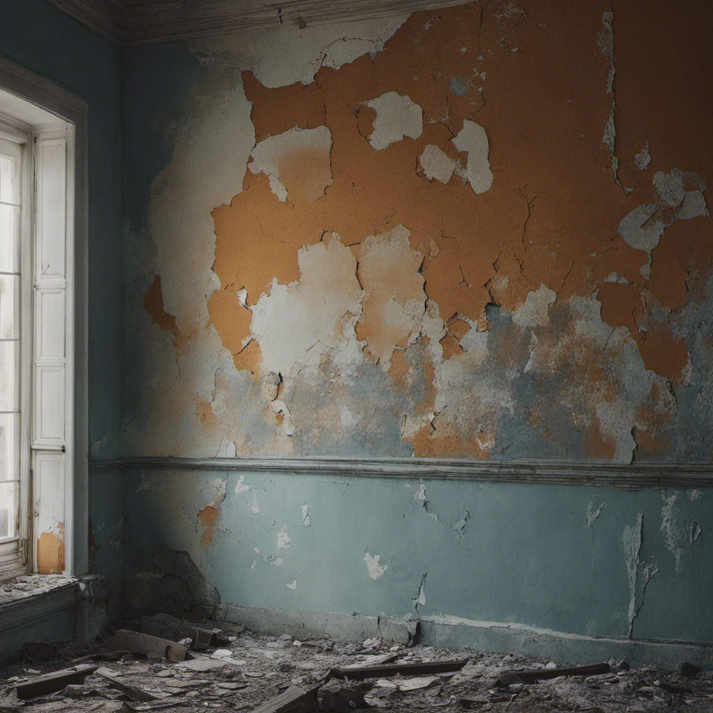 An image showcasing a room with peeling paint, revealing cracks and discoloration on the walls