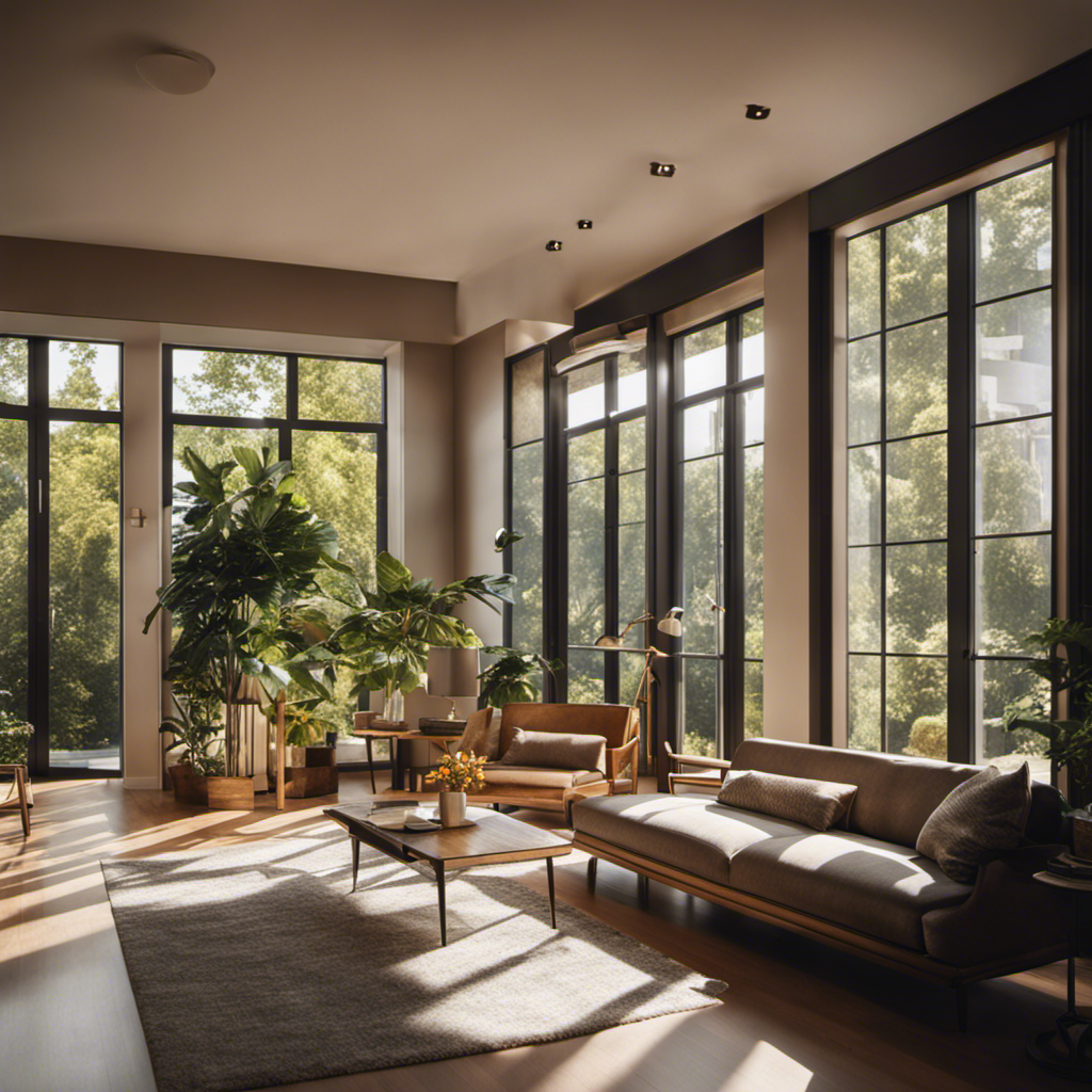 An image showcasing a sunlit living room with large, sleek windows and elegant doors