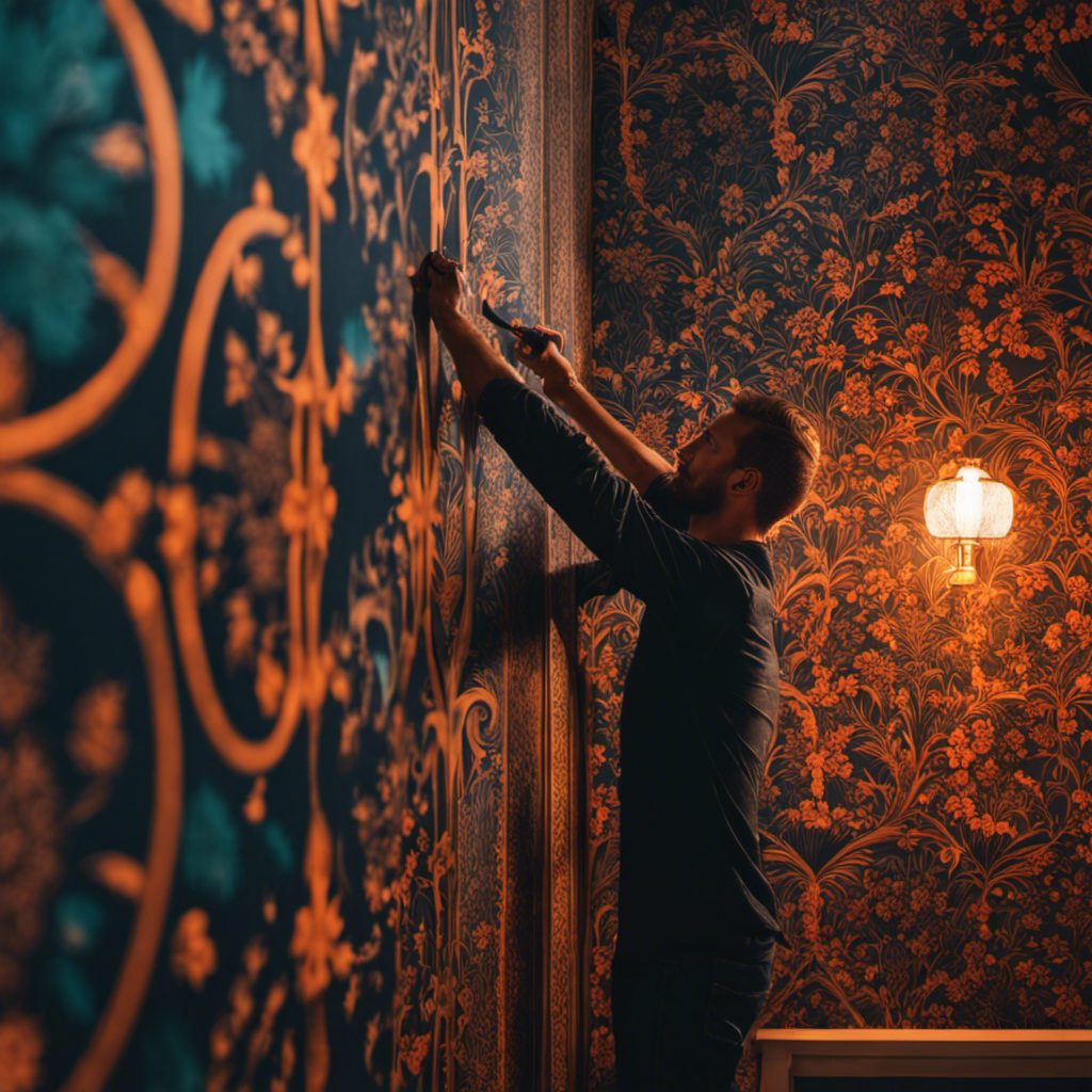 An image showcasing a skilled craftsman meticulously applying vibrant, patterned wallpaper to a feature wall