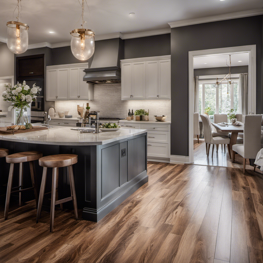 An image showcasing a beautifully renovated home, with an inviting living room featuring elegant hardwood flooring and intricate tiling designs in the kitchen and bathroom