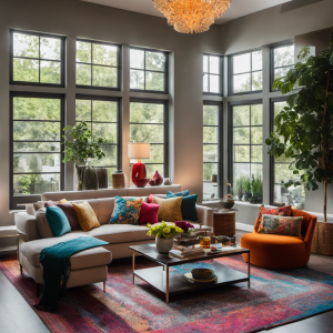 An image showcasing a vibrant living room renovation, where natural light floods in through large windows, illuminating a sleek, modern design