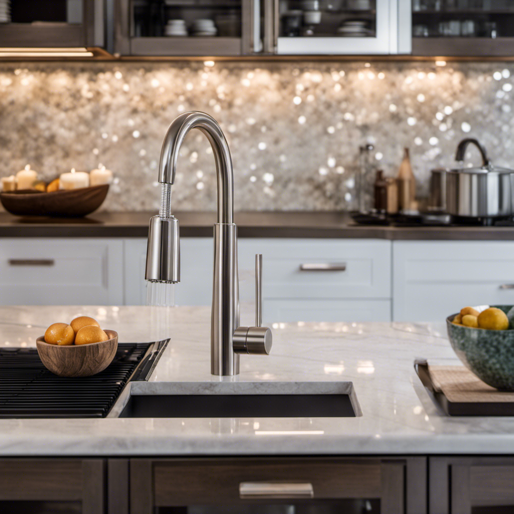 An image of a contemporary kitchen and bathroom remodel, showcasing a sleek marble countertop, shining stainless steel appliances, elegant pendant lights, a luxurious rainfall showerhead, and a stunning mosaic tile backsplash