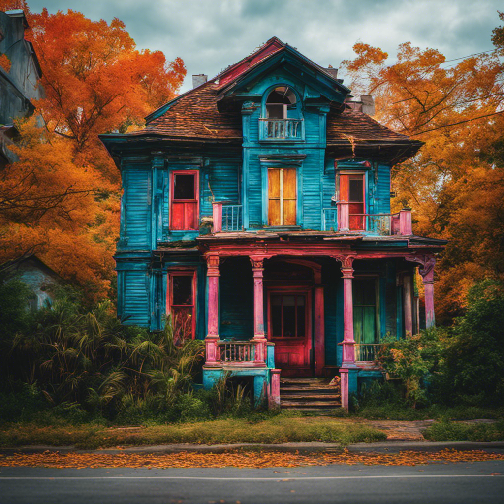 An image showcasing a dilapidated house transformed into a vibrant masterpiece through exterior painting