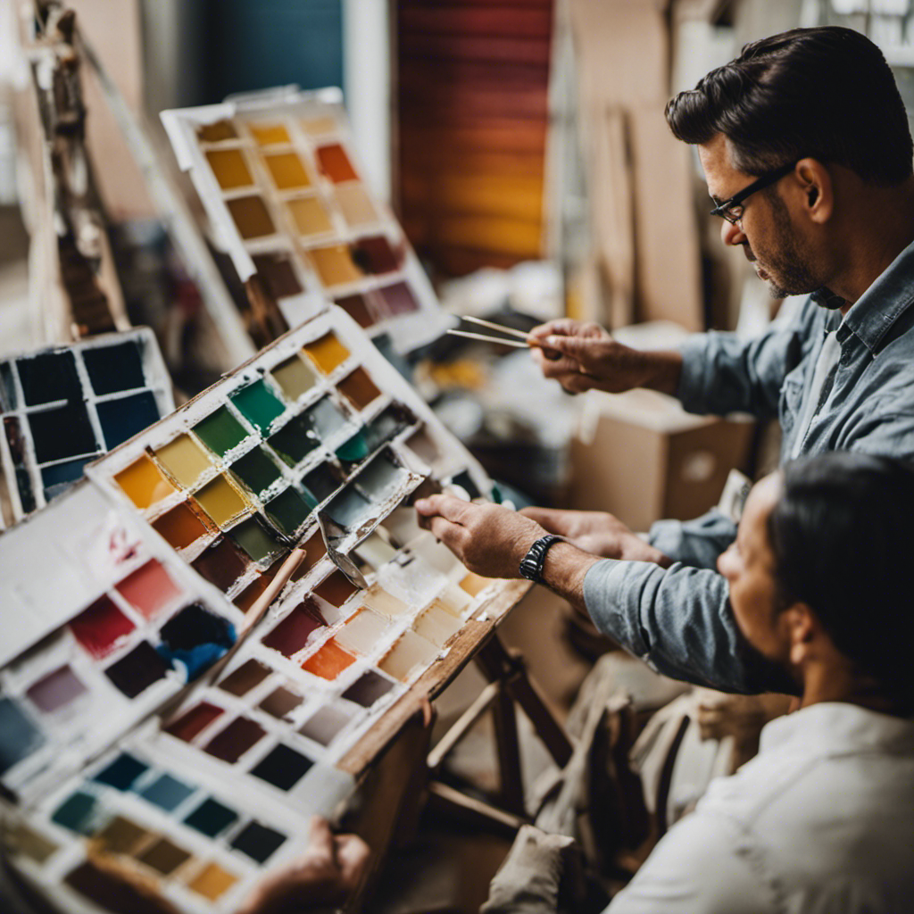 An image depicting a diverse group of professional painters meticulously examining color samples, discussing paint textures, and measuring walls, while a homeowner observes, showcasing the importance of expertise, communication, and attention to detail in selecting a York painter