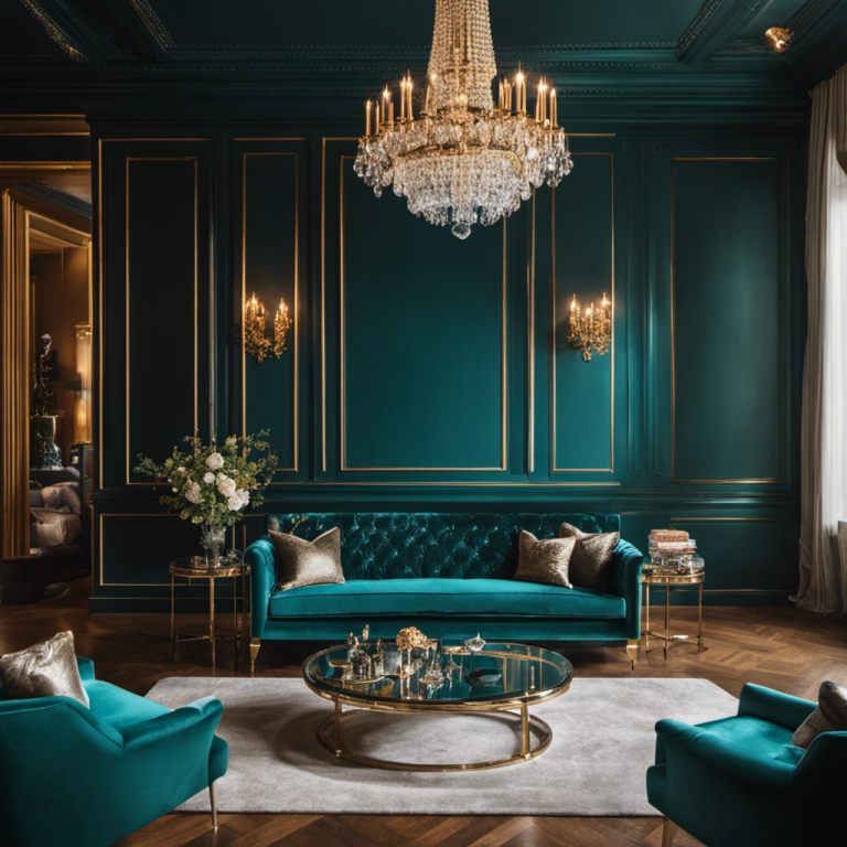 An image showcasing a luxurious living room transformed by Elite York Painters: vibrant walls in a velvety teal shade, complemented by an opulent crystal chandelier, plush velvet furniture, and intricate gold accents