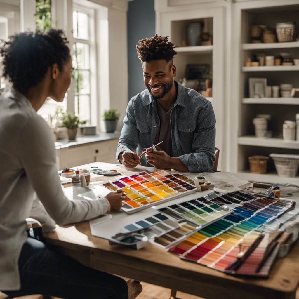 An image showcasing a homeowner and a professional painter sitting at a table, discussing paint options