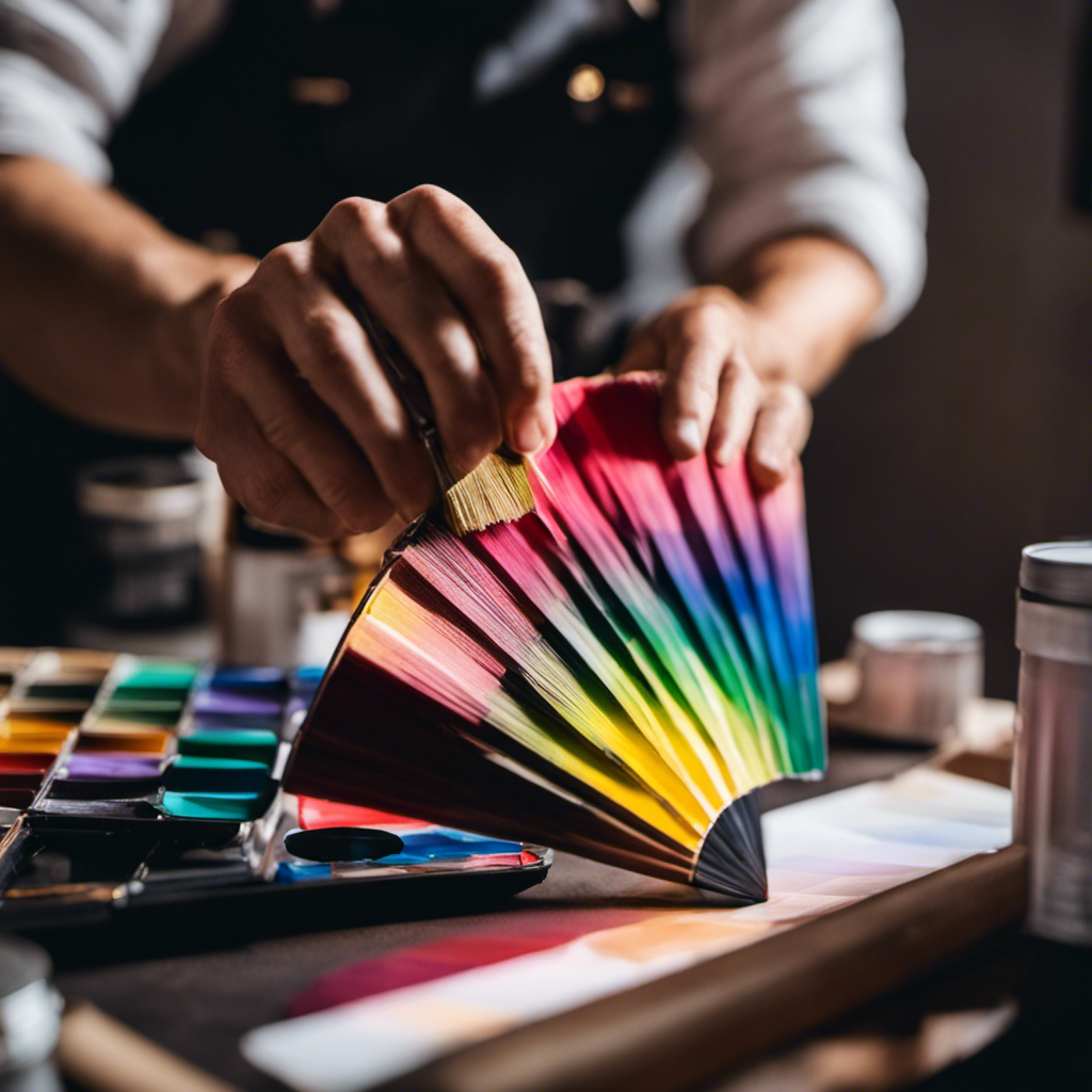 An image of a professional painter holding a color fan deck, carefully selecting the perfect shade to match the existing paint in a beautifully lit room