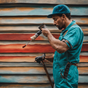 An image showcasing a skilled painter delicately blending vibrant colors on a weathered exterior wall, flawlessly restoring the surface to its original pristine condition