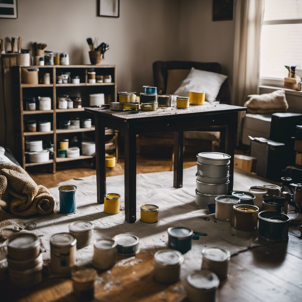 An image showcasing a neatly organized room with furniture pushed to the center, drop cloths covering the floor, walls taped, and brushes and paint cans neatly arranged on a table