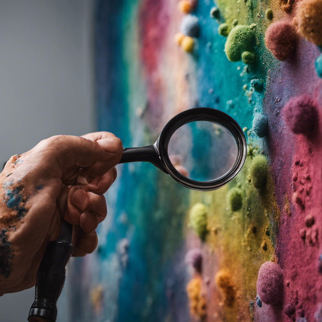 An image showcasing a professional painter meticulously blending hues, using a magnifying glass to examine a seamless touch-up on a wall