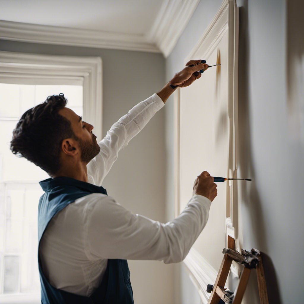 An image showcasing a skilled painter, meticulously applying a smooth coat of paint to a pristine wall in a stylish York residence