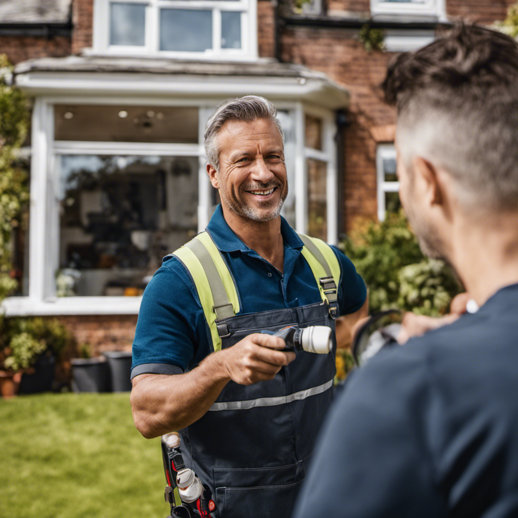 An image showcasing a smiling customer inspecting flawless paintwork on their newly painted home, with a team of skilled York painters in the background, emphasizing their exceptional customer reviews