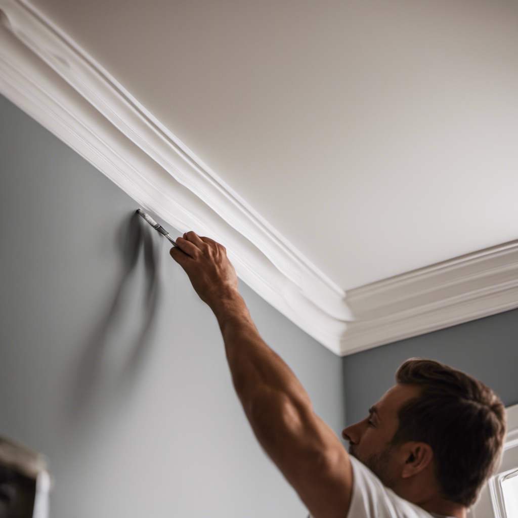 An image showcasing a painter delicately applying a flawless coat of paint, with meticulous precision, to a beautifully crafted crown molding, capturing the essence of York's top-rated painting contractors and their unrivaled attention to detail