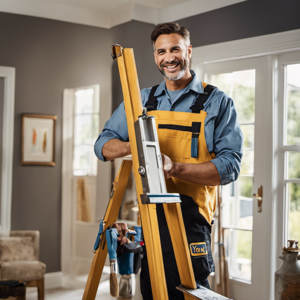 An image of a smiling homeowner, surrounded by York Painting Contractors, confidently inspecting their freshly painted walls