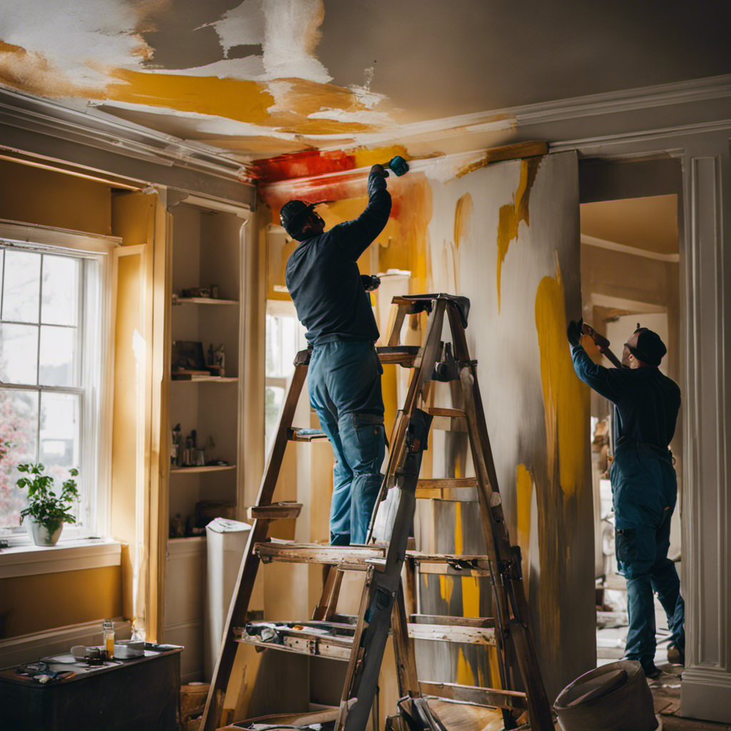 An image showcasing a team of skilled painters, effortlessly transforming a dull and outdated room into a vibrant masterpiece