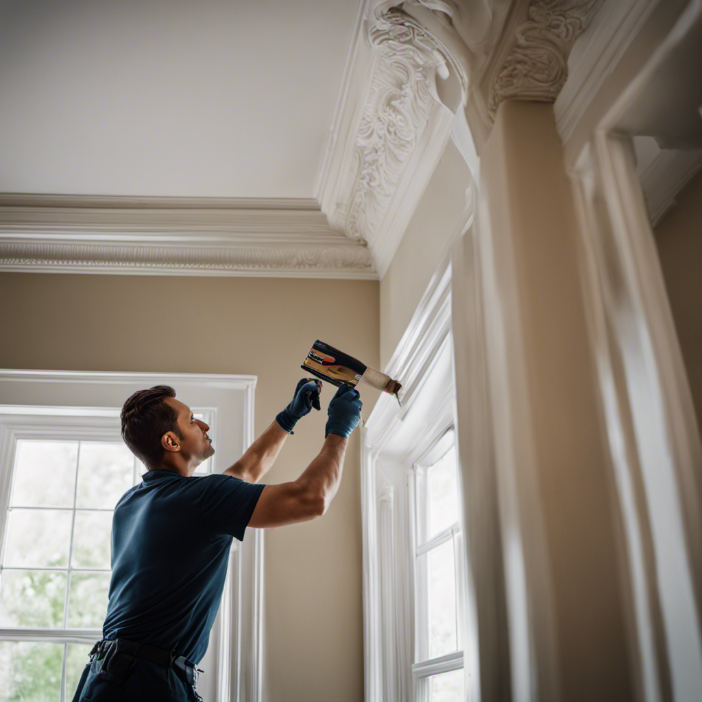 An image showcasing a painter delicately applying a flawless coat of paint, with meticulous precision, to a beautifully crafted crown molding, capturing the essence of York's top-rated painting contractors and their unrivaled attention to detail